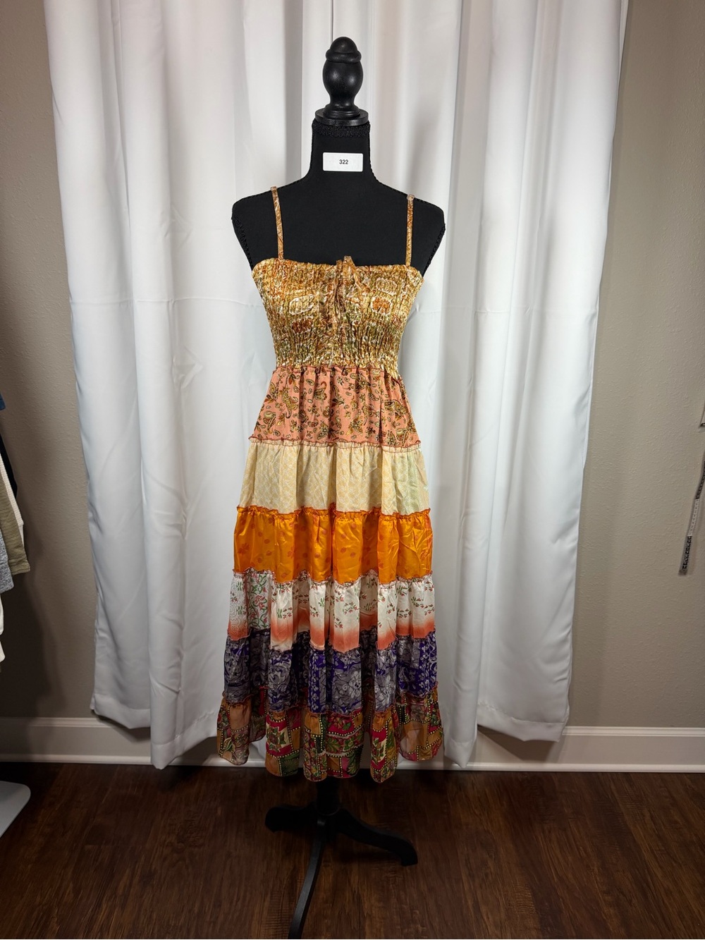 Lola P Large Boho Patchwork Maxi Dress Smocked Tiered Festival Made in India